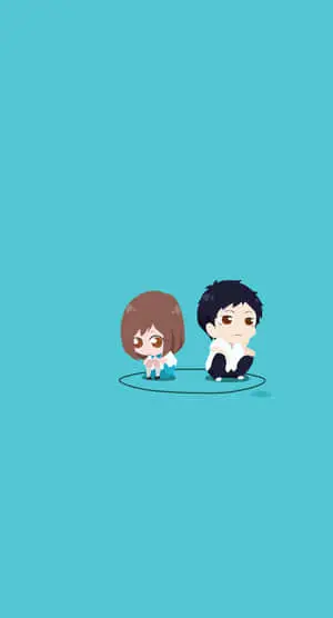 a couple of people sitting on a blue background