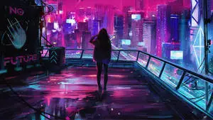 Beautiful Cool Girl On Rooftop of Futuristic City 