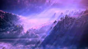 a purple sky with purple trees and rays of light