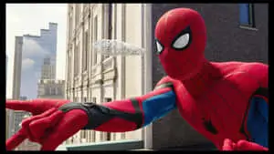 Spider-Man showcasing his web shooter in action